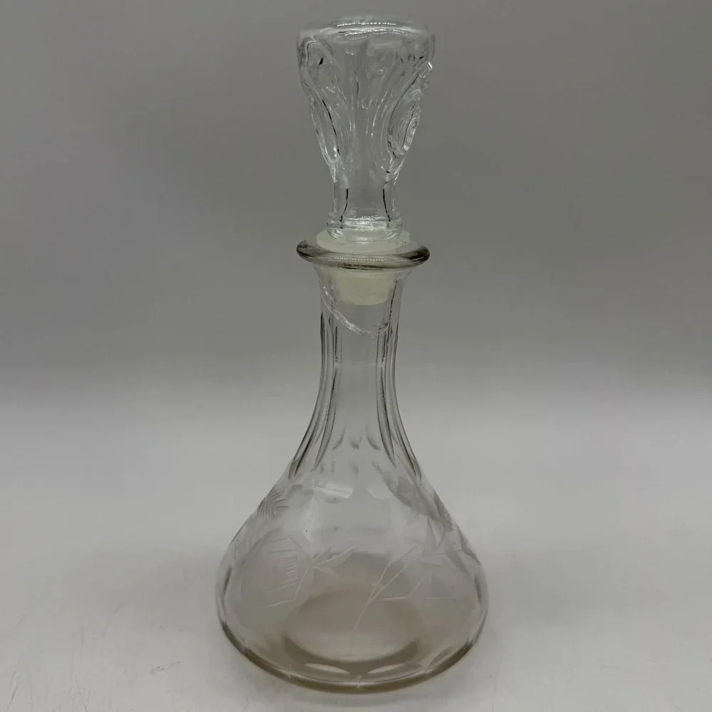 Vintage Etched Glass Decanter Floral Rose Pattern Clear Wine Liquor Bottle